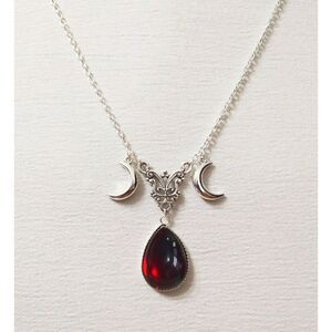 Silver Teardrop Red Gemstone Moon Necklace Filigree Goddess Celestial Goth Boho
